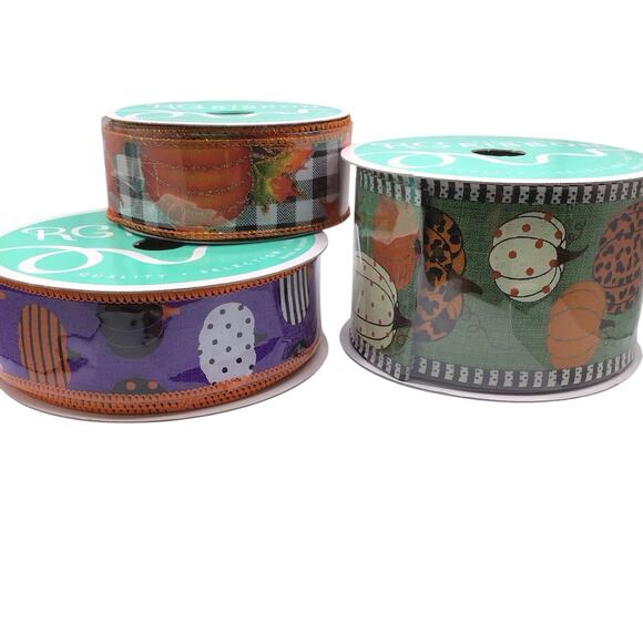 Fall Ribbon Lot 6 Rolls Wired Edge Pumpkins Plaid Gnomes Animal Print Autumn - Picture 12 of 12